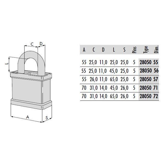 cisa padlock 28050 dimensions